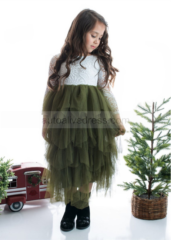 Ivory Lace Forest Green Tulle Ruffle Tiered Flower Girl Dress Ivory Lace Forest Green Tulle Ruffle Tiered Flower Girl Dress